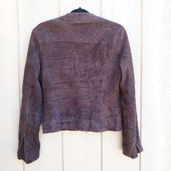 Isaac Mizrahi Leather Suede Jacket Moto Distressed Crinkle Textured Brown Sz M - Picture 14 of 14